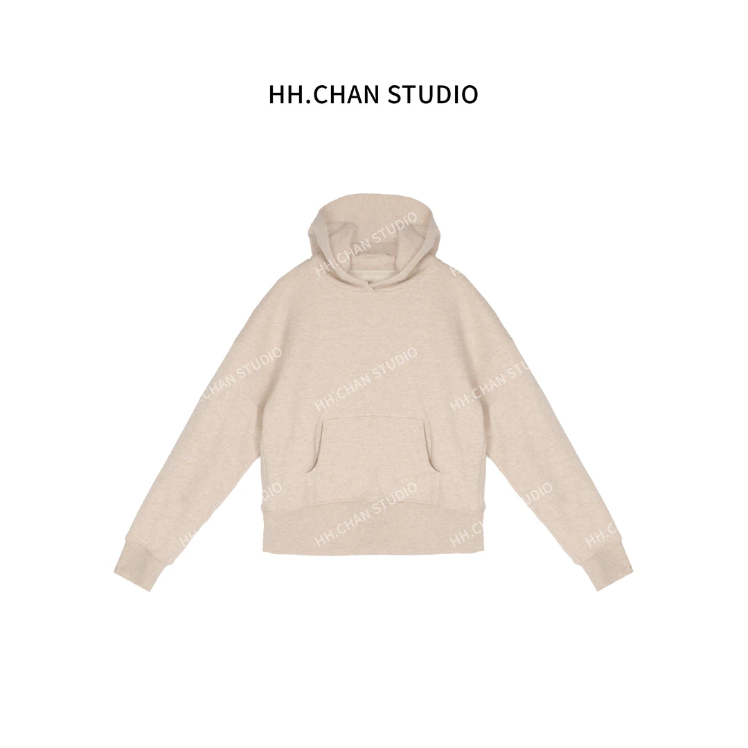 HH.CHAN“日常松弛”高定棉加绒加厚后背喷素麦穗连帽燕麦色卫衣