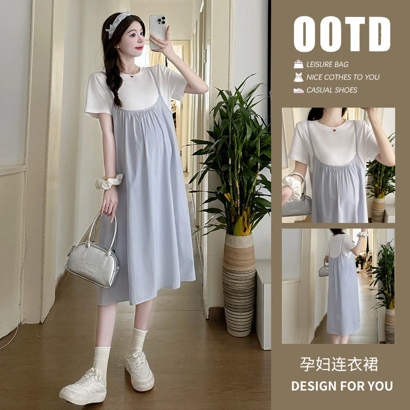 孕妇夏装2024新款洋气时髦拼接宽松气质连衣裙夏季薄款遮肚孕妇裙