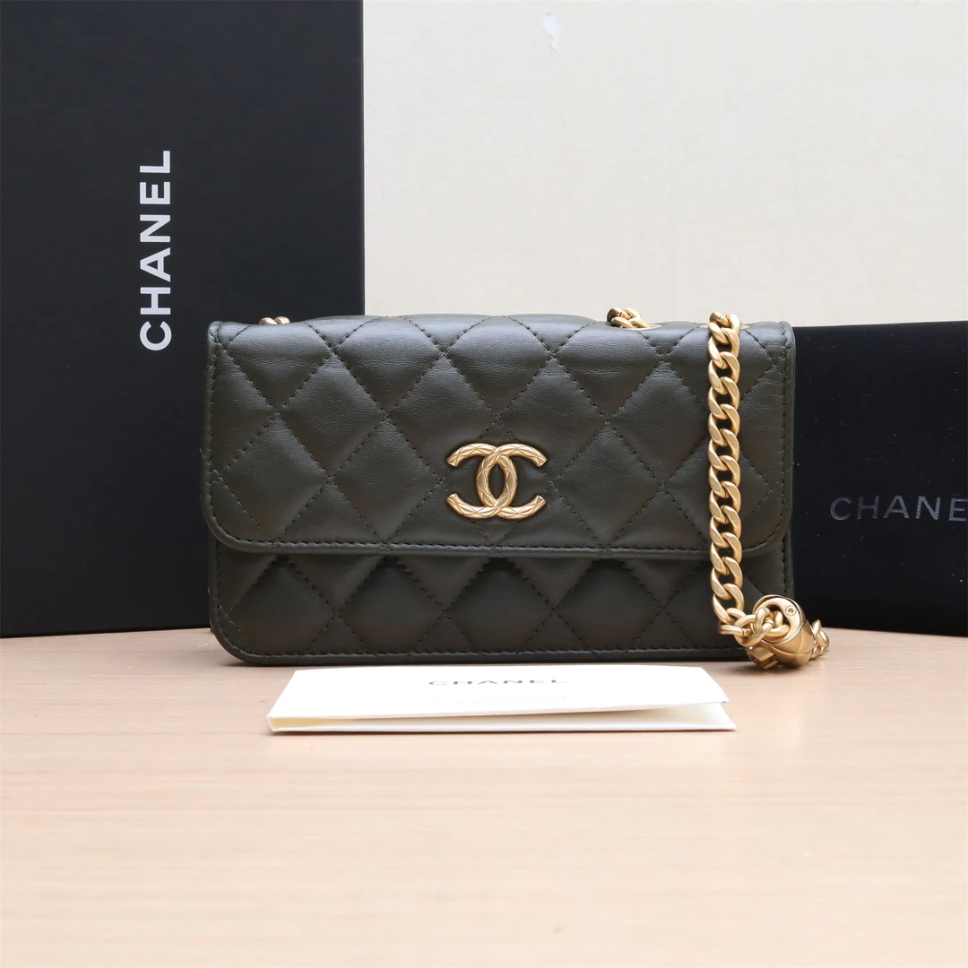 99新 Chanel/香奈儿 小花双双 22K CFWOC 金柱调节 橄榄绿 镭射标