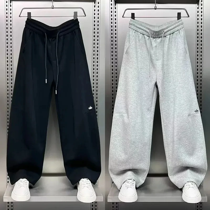 美式松弛感垂感直筒卫裤男2025秋冬加绒宽松拼接刺绣百搭运动裤潮