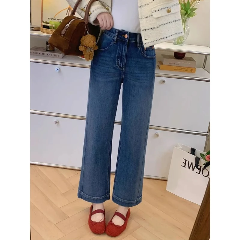 复古直筒牛仔裤女2025春季新款大码胖mm高腰显瘦小个子九分烟管裤