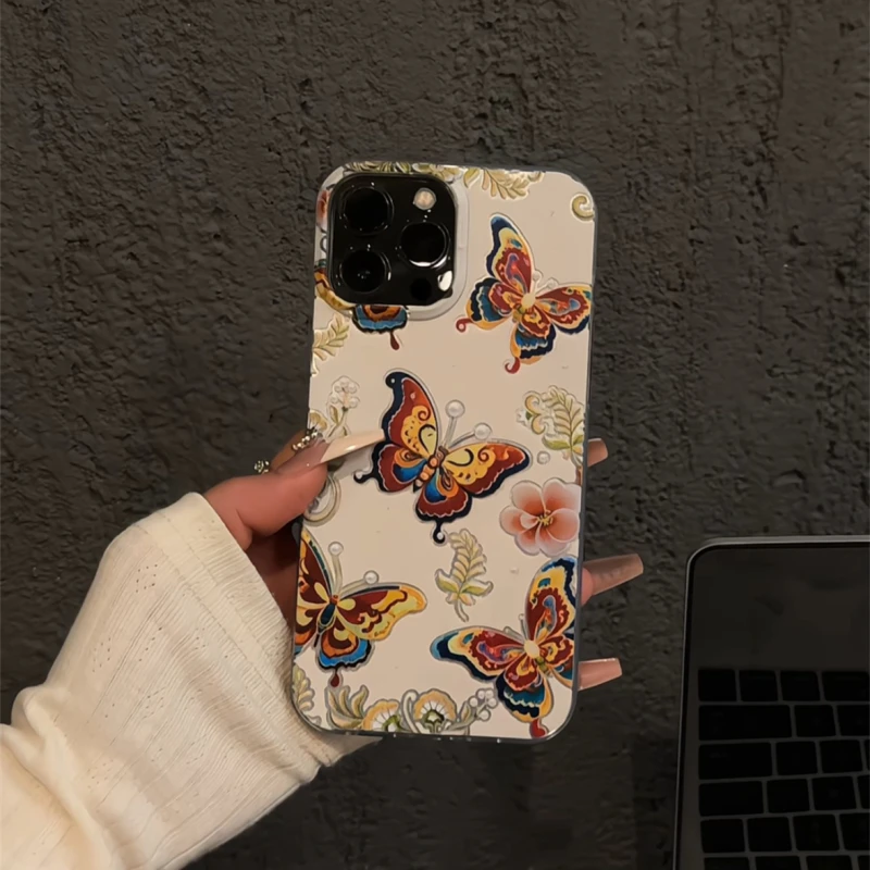 适用苹果iPhone16手机壳15华为p羽纱IMD刺绣蝴蝶小米新款硬壳小众