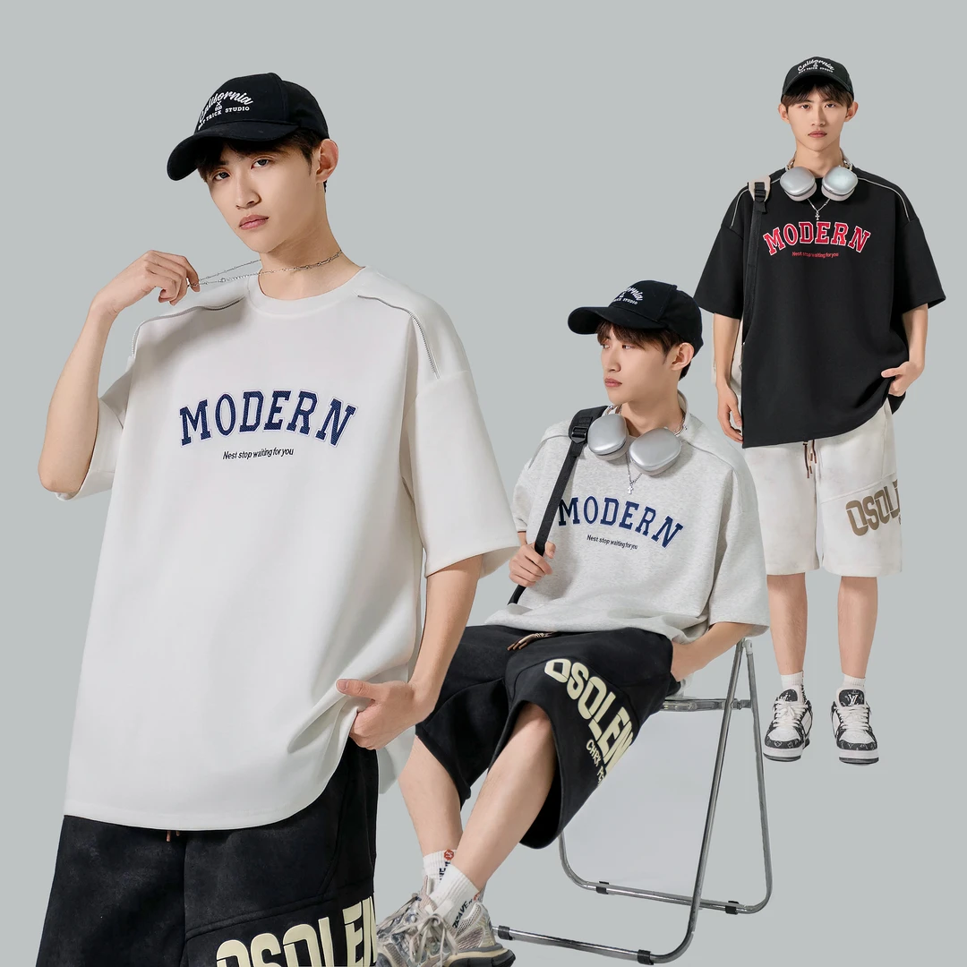 明尼凯重磅短袖t恤男夏季新款字母刺绣五分袖男宽松穿搭休闲套装