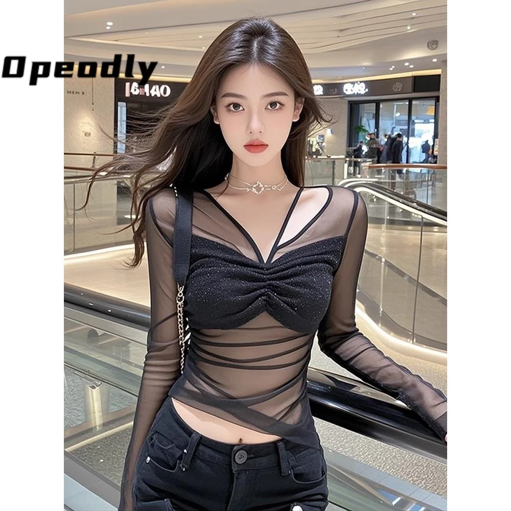 Opeodly时尚纯欲风褶皱网纱打底衫上衣女2025年款气质名媛内搭T恤