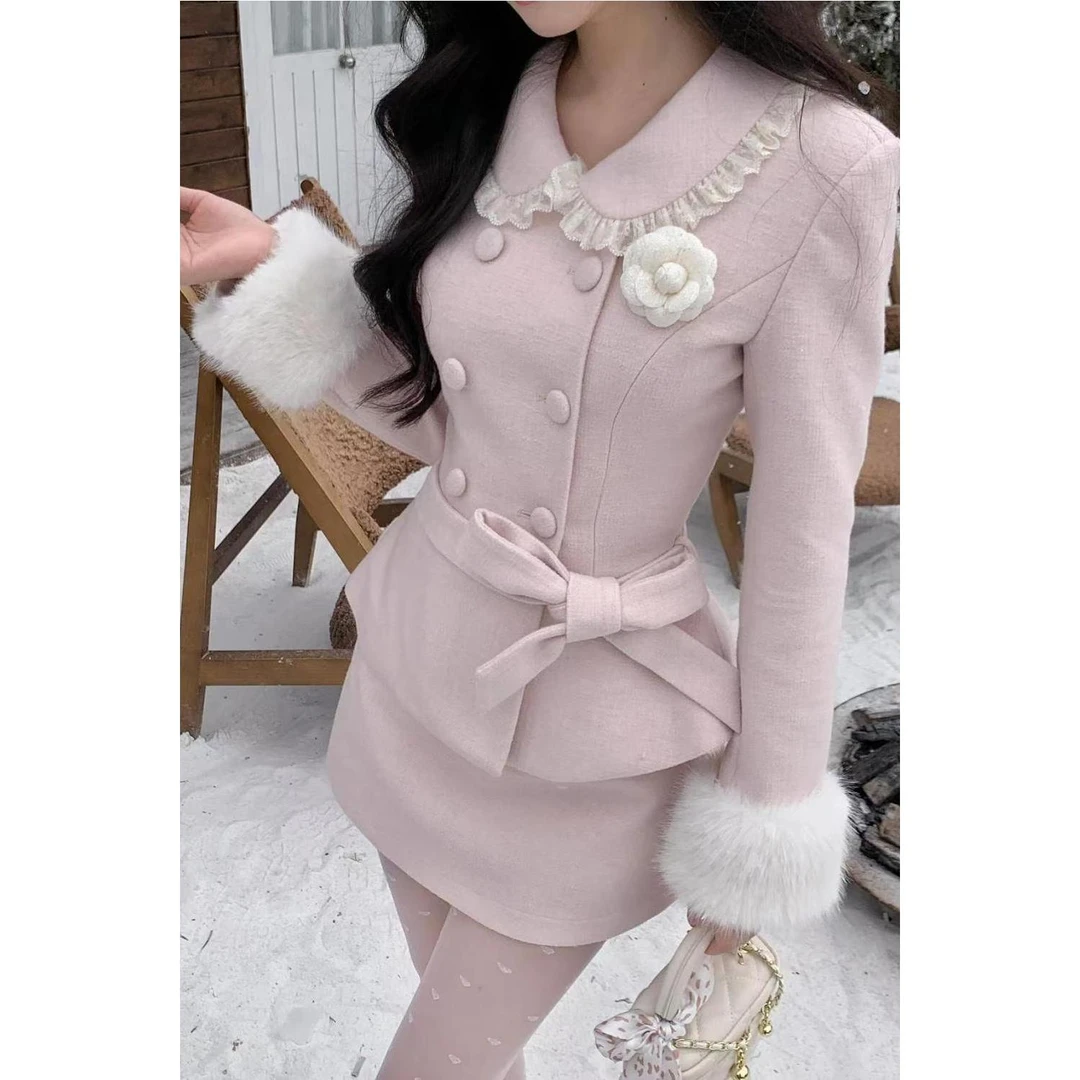 矜贵千金法式名媛感气质套装毛绒绒拼接收腰上衣显瘦包臀短裙