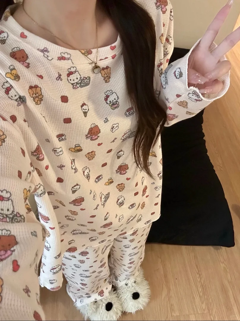 甜美可爱奶油舒适卡通kitty睡衣女款大码春秋长袖长裤家居服套装