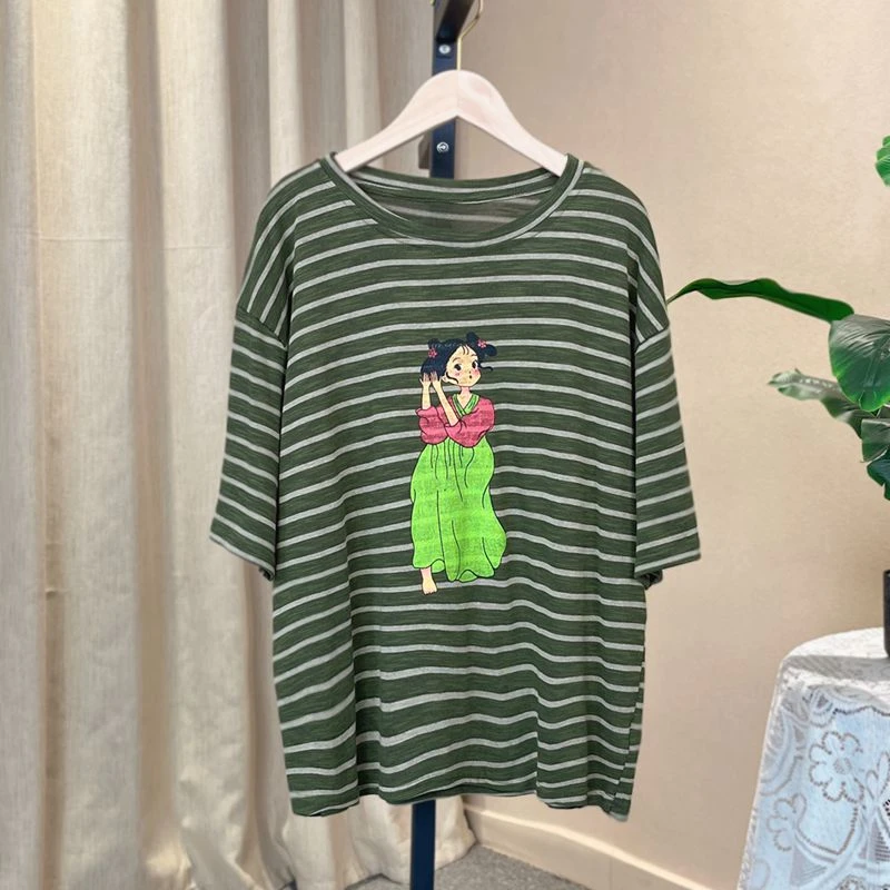 休闲短袖T恤条纹宽松时尚百搭圆领简约潮流女士夏季新款YX105648