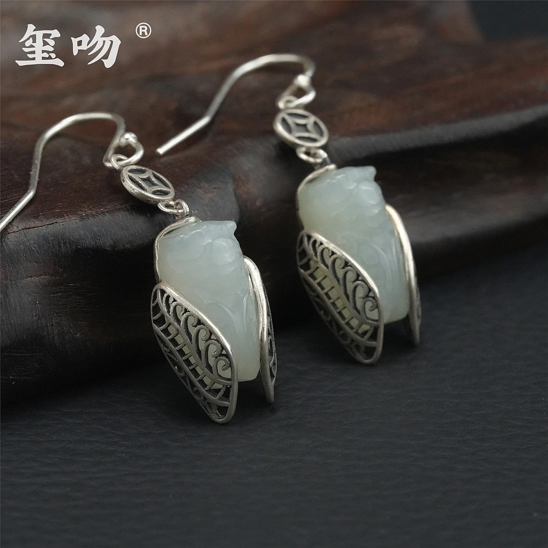 【玺吻】s925银 天然和田玉镶嵌 腰缠万贯 一鸣惊人和田玉耳饰