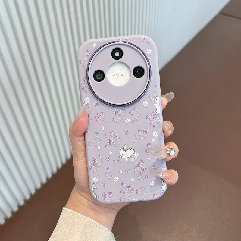 适用于荣耀x60手机壳新款小清新紫色玫瑰花全包防摔软壳女款