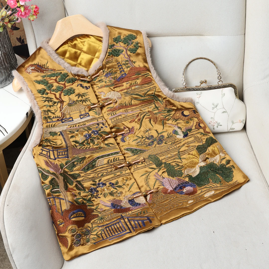 2025新款中式国风马甲提花秋冬加棉背心坎肩重工绣花刺绣上衣