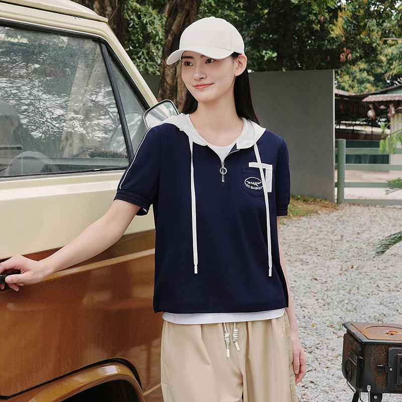 十二篮专选25夏新款时尚撞色半开拉链连帽抽绳卫衣女7C65270090
