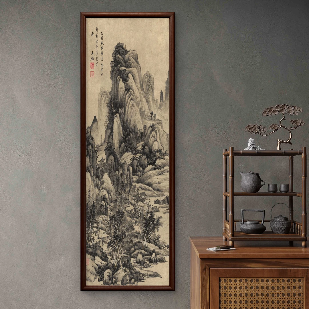 9901-40*120水墨山水图中式装饰画实木玄关书房茶室客厅挂画