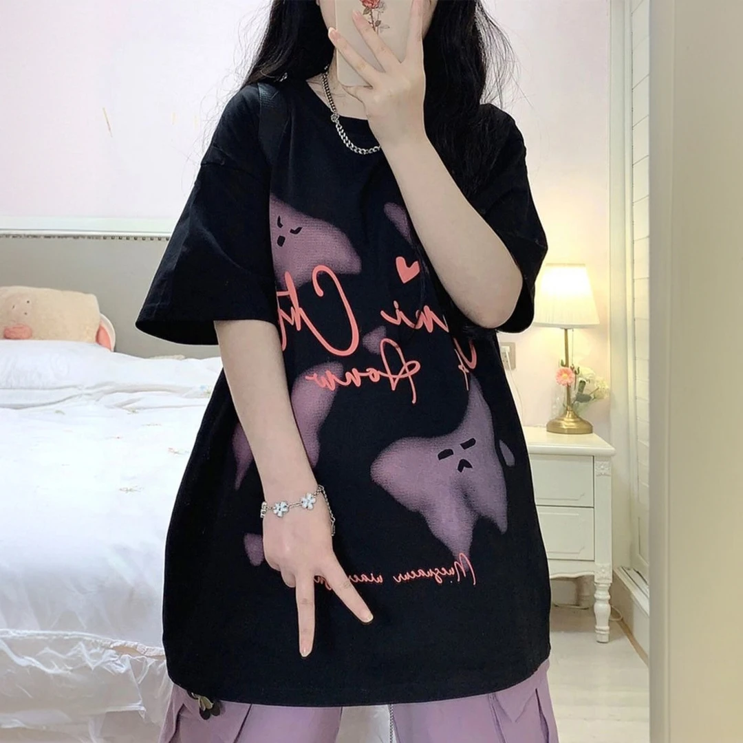 特大码女装美式蝴蝶结印花短袖t恤女胖mm宽松显瘦遮肉别致上衣潮