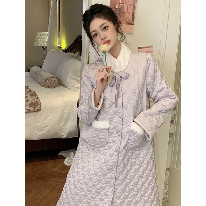 【芝微睡袍】三层夹棉睡衣女款冬季加绒加厚保暖甜美家居服可外穿