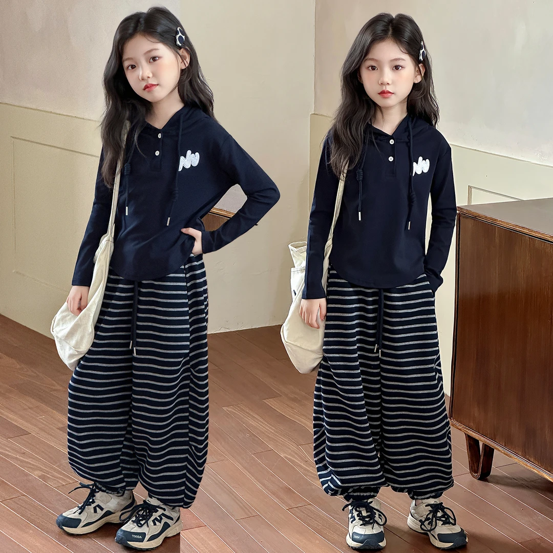女童帽衫条纹裤2025秋季新款时尚潮流可爱网红韩版儿童两件套套装