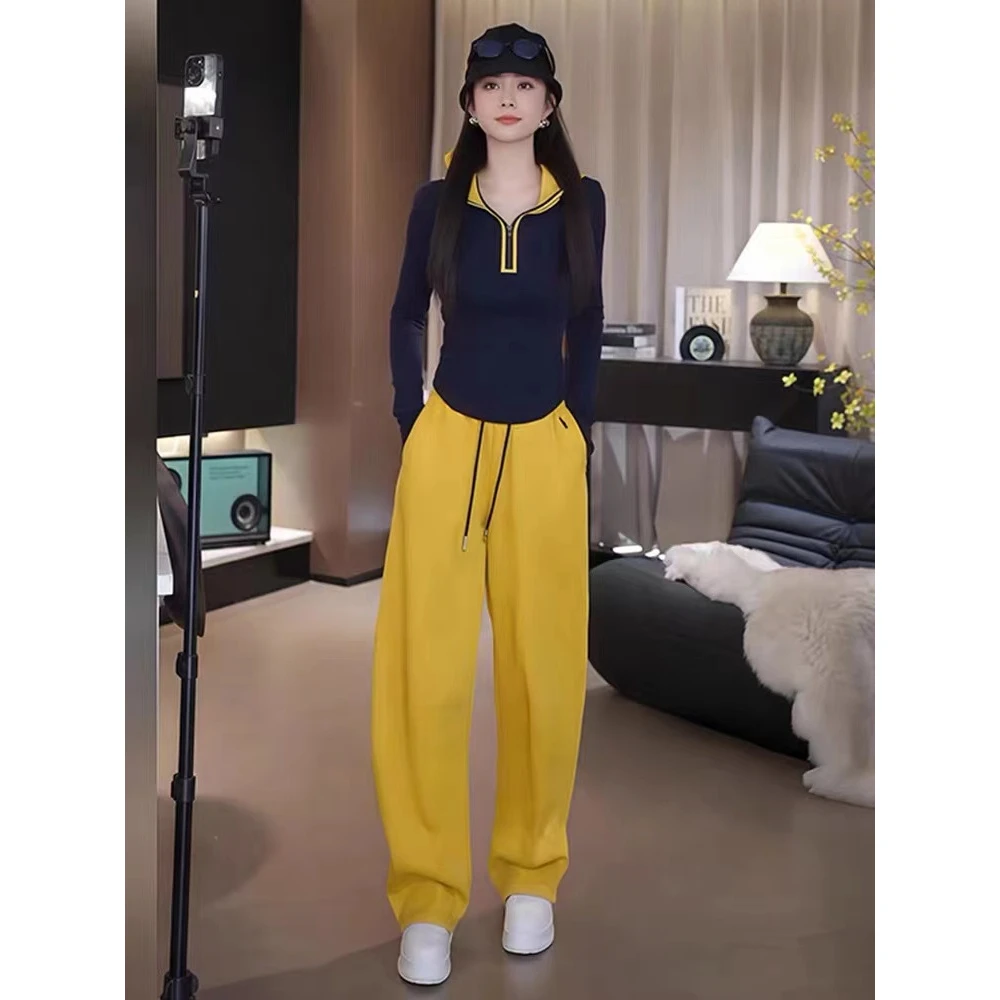 运动套装女秋冬加厚保暖拼色连帽半拉链上衣休闲阔腿裤两件套装