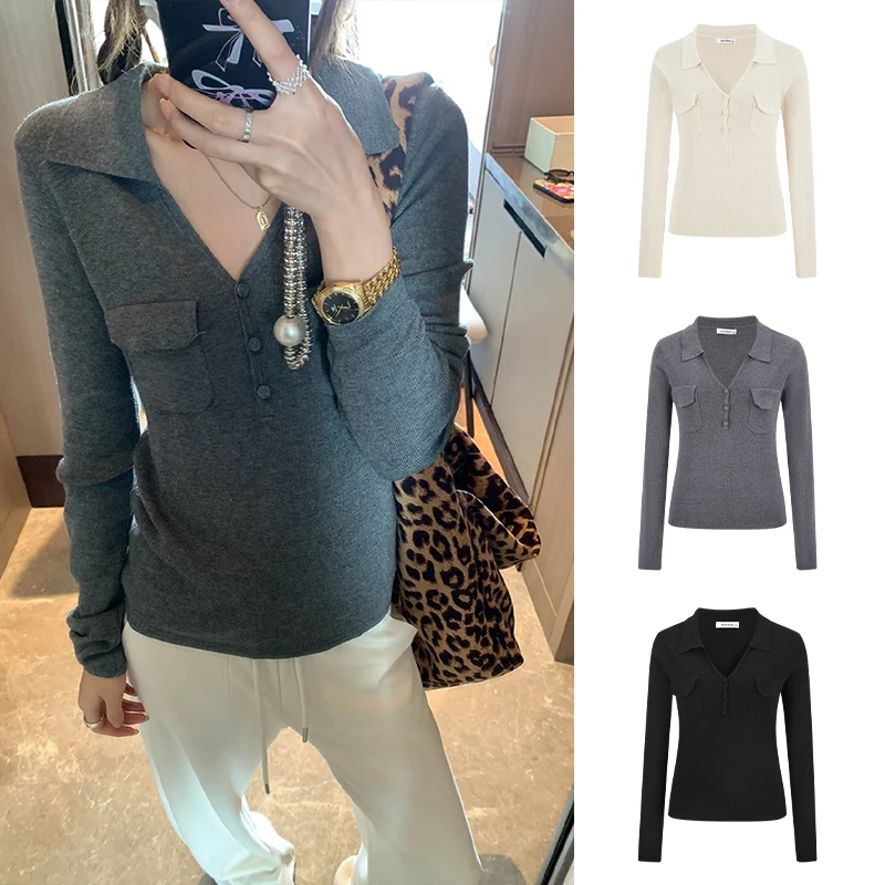 Moses Queen/魔西女王V领长袖收腰针织衫翻领显瘦上衣口袋毛衣女