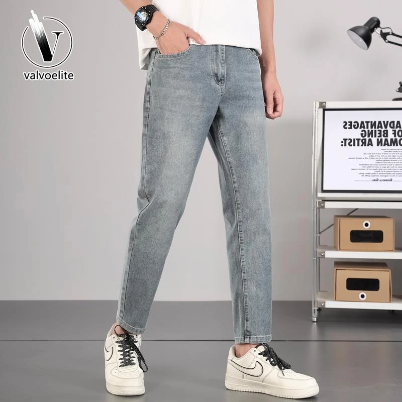VALVOELITE新款简约牛仔裤男夏季薄款修身小脚裤子休闲百搭九分裤