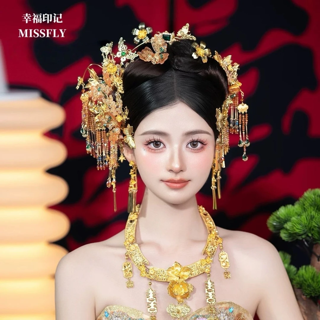 金色新中式新娘头饰浅色秀禾旗袍晨袍龙凤褂发饰圣女冠水凝胶减龄