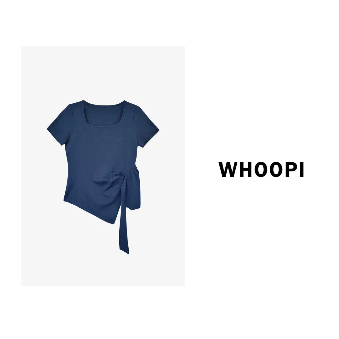 【Whoopi】【自由古巴】设计感褶皱不规则绑带短袖上衣显瘦短款T恤