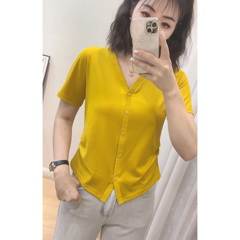 不规则下摆V领短袖T恤女25190