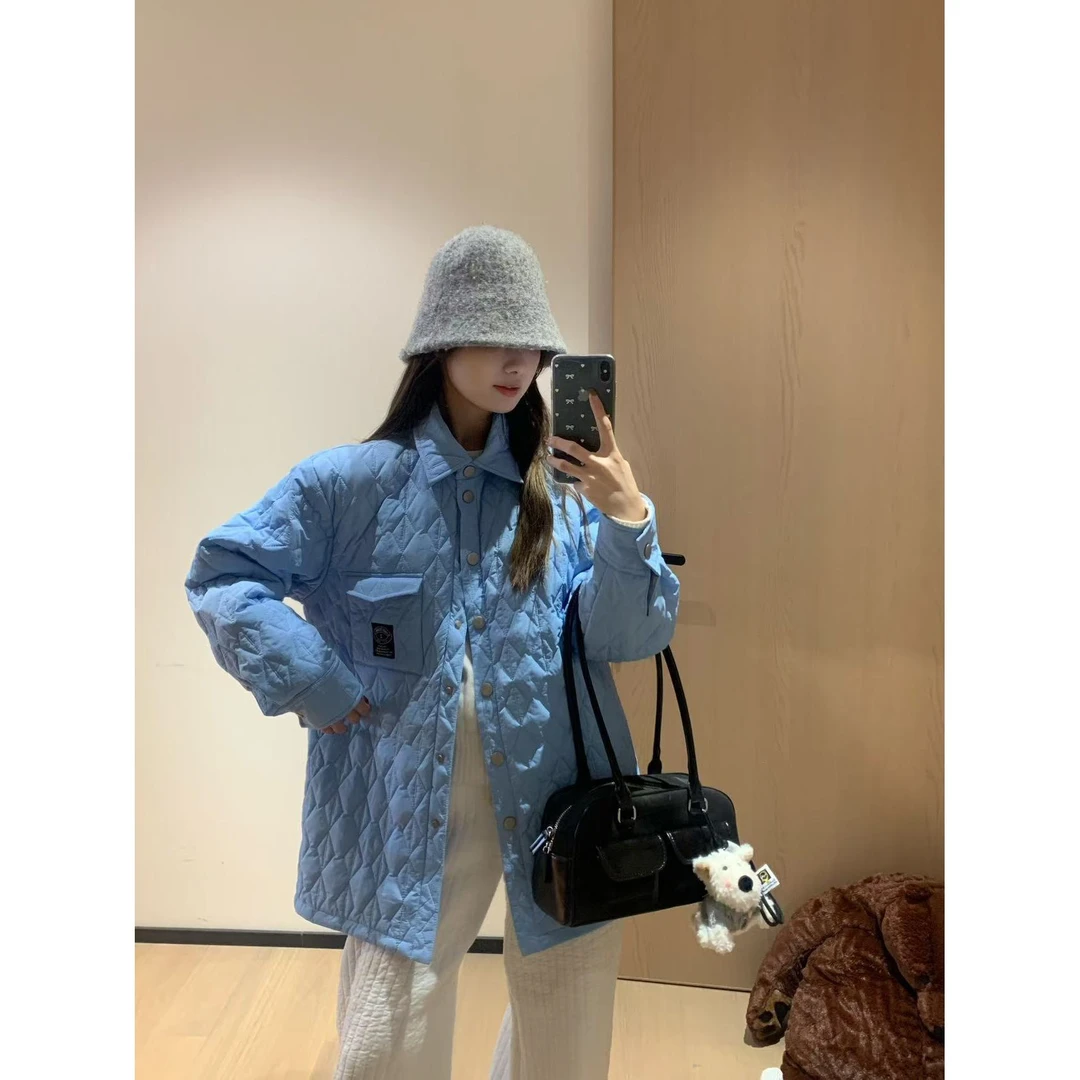 韩11湖水蓝翻领休闲宽松棉服外套女冬季2024新款显瘦巴恩风上衣