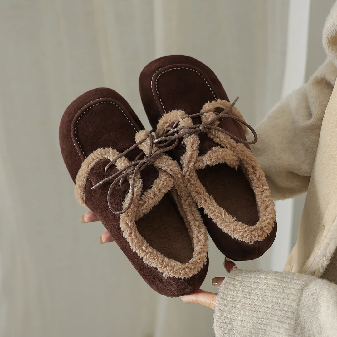 手工制作1.5cm毛毛鞋乐福鞋厚底前系带冬季加绒保暖圆头韩版单鞋