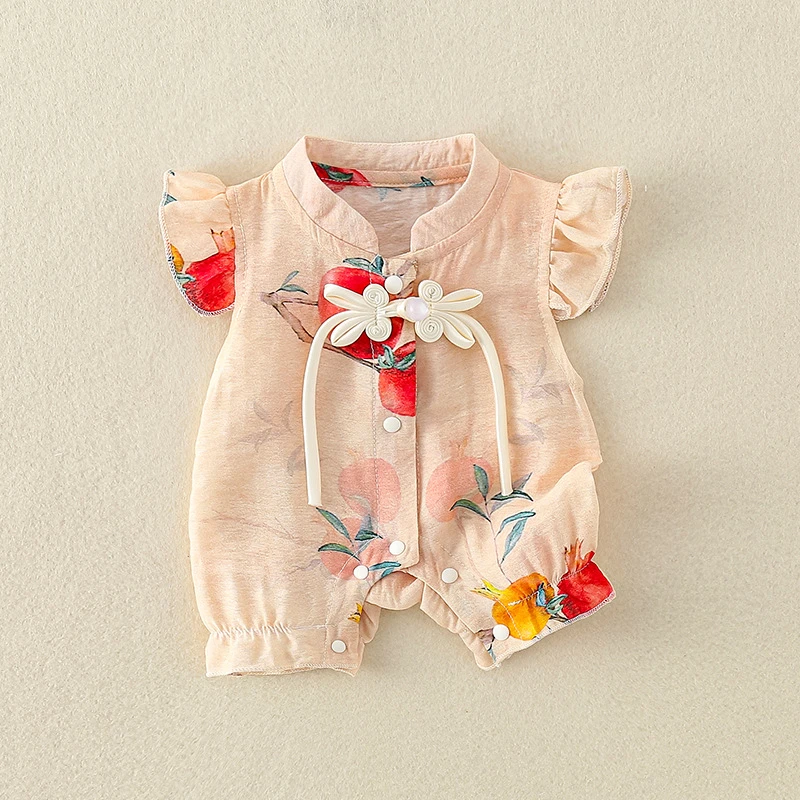 婴儿夏装连体衣0-12个月女宝宝可爱新中式麻石榴印花哈衣爬服