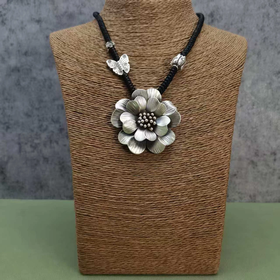 吊坠925银 925银玫瑰花项链手工编织女款复古民族风个性气质