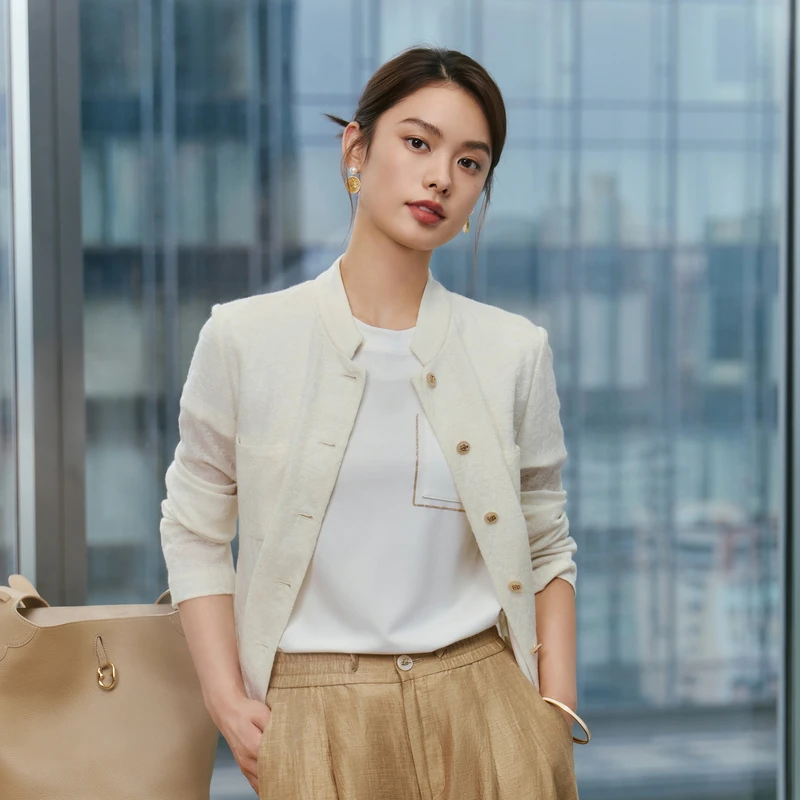 EP雅莹2025新款女装 暗纹提花羊毛立领通勤白色短西装外套1125A