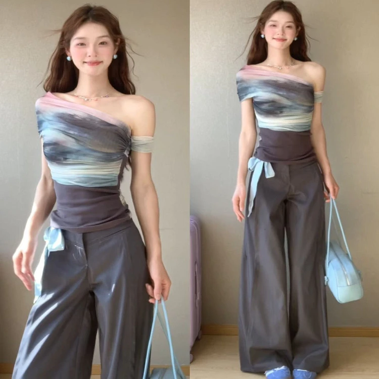 美式辣妹风艺术晕染撞色一字肩短袖t恤女夏季设计感小众修身上衣