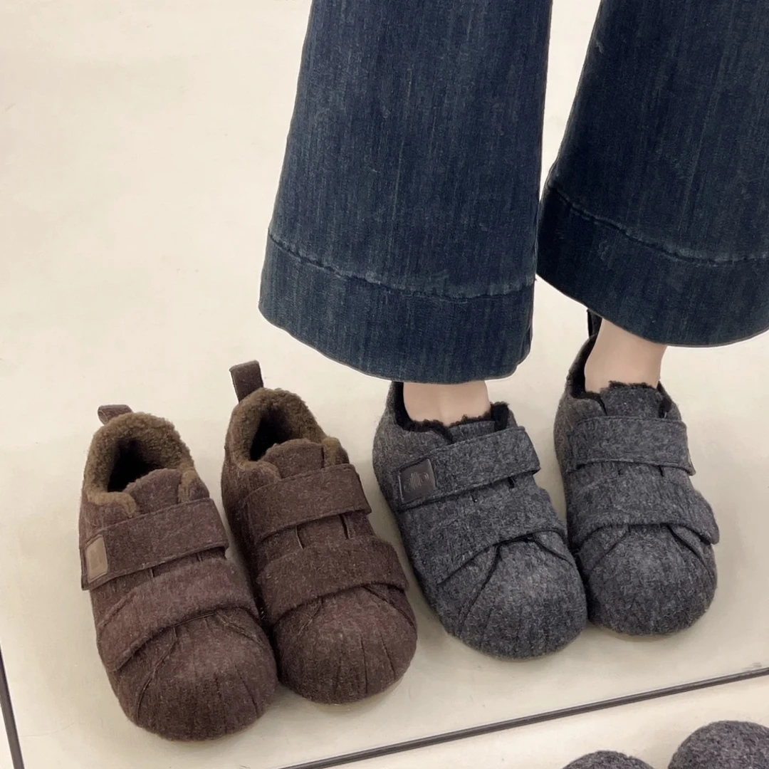 【厚底勃肯鞋】魔术贴加绒德训鞋女冬季新款百搭增高保暖棉鞋羊羔绒