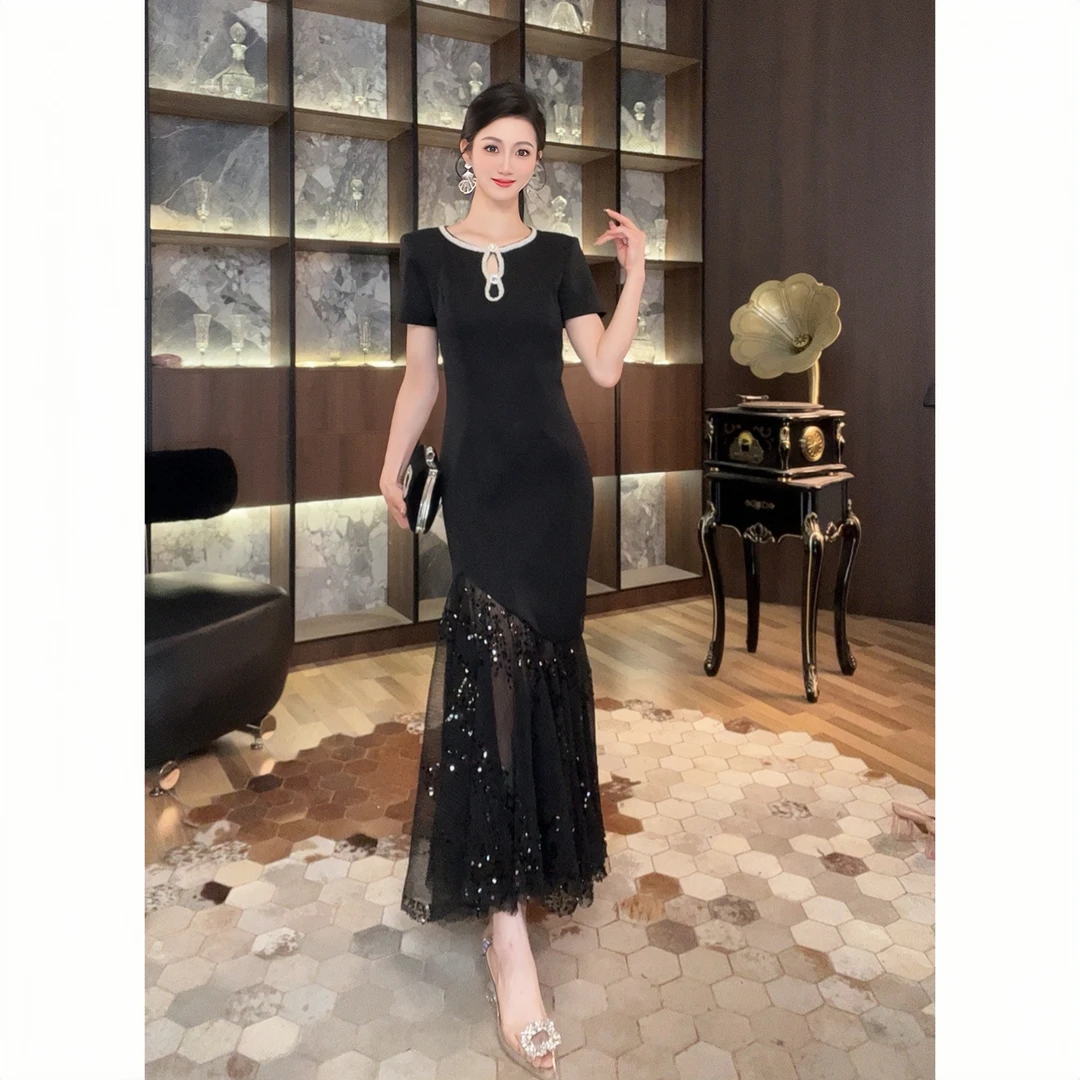 51251复古裙子蕾丝显瘦气质轻奢夏季黑色法式长款收腰修身连衣裙