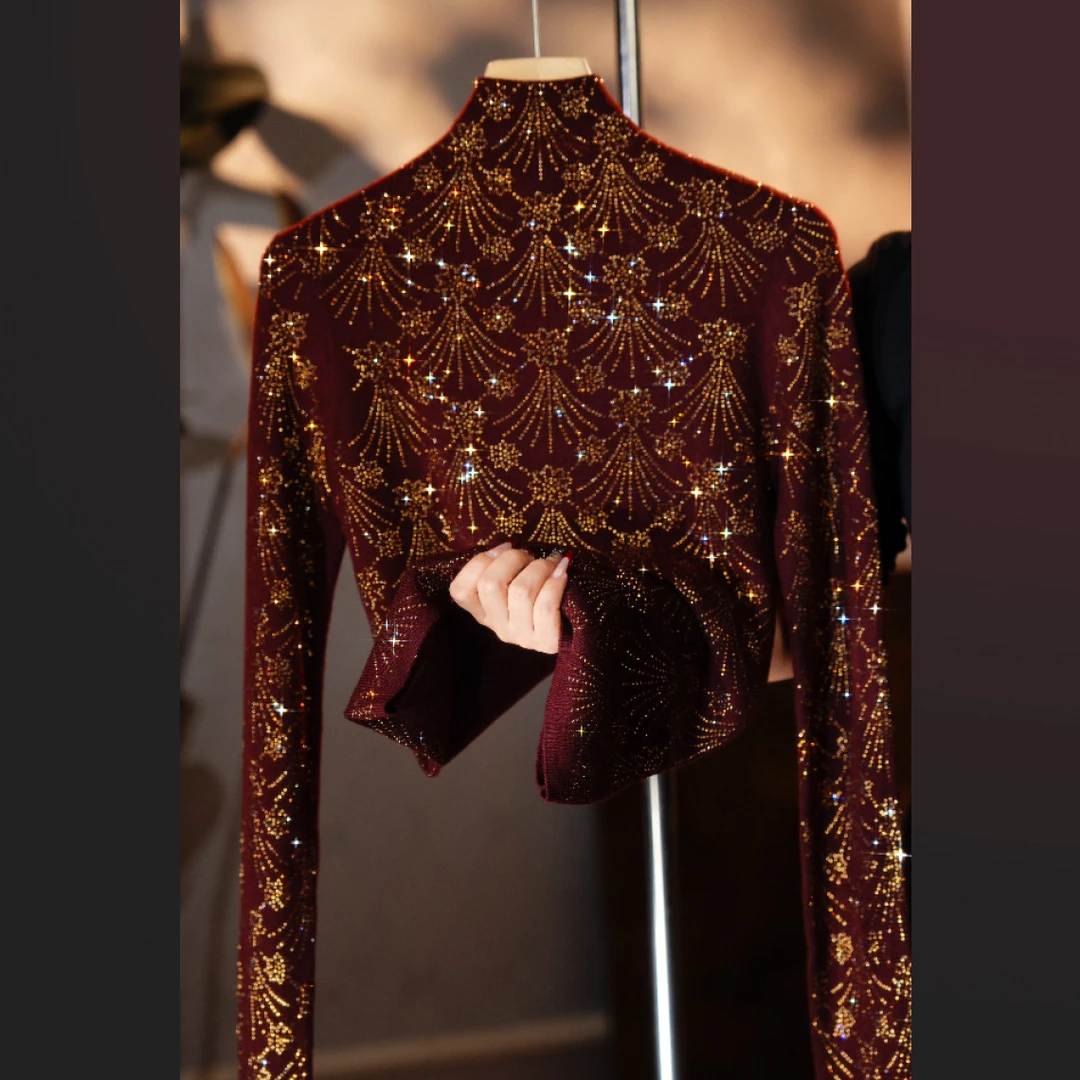 2223-金（星语星愿）2025新款百搭减龄高领烫钻重工气质时尚打底衫