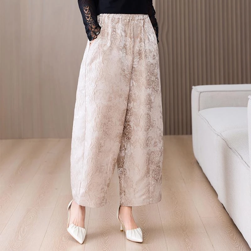 裤子女2025春季新款高级感阔腿裤提花中年妈妈显瘦百搭休闲灯笼裤