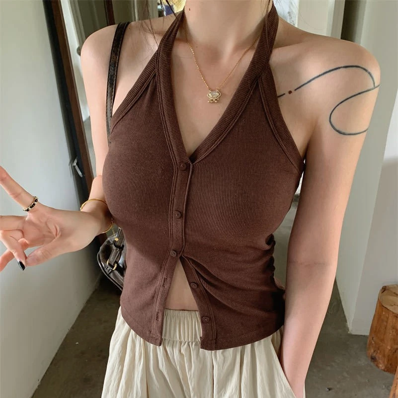 挂脖美背外穿夏季带胸垫性感辣妹V领露背设计感小众绝美通勤背心