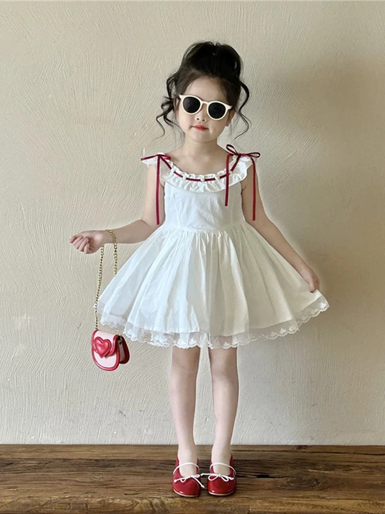 女童法式荷叶边无袖吊带连衣裙2025夏季新款小女孩蕾丝背心裙子