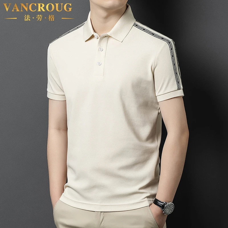 VANCROUG/法劳格POLO衫男士夏季韩版帅气肩部织带拼接透气翻领T恤