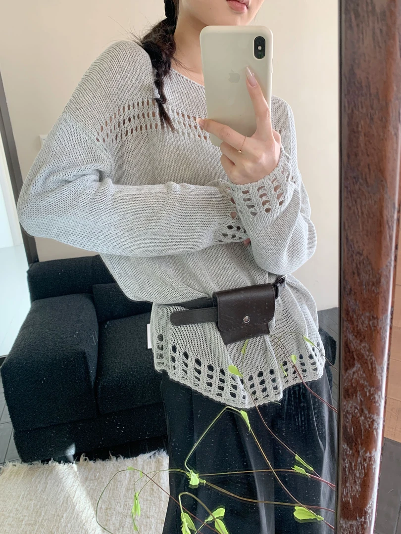 【DUODUO  969962】新款慵懒风宽松镂空薄款防晒亚麻莱赛尔针织衫