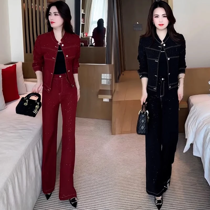 时尚牛仔套装女2025春秋新款洋气显瘦细闪短外套阔腿裤休闲两件套