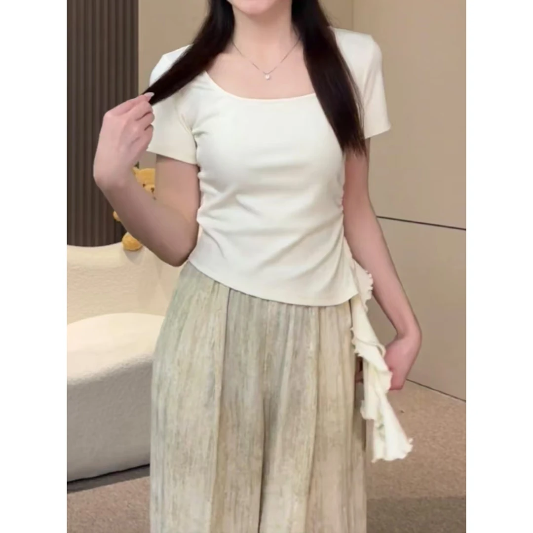 法式时尚荷叶边飘带方领短袖t恤女夏季氛围感修身显瘦短款上衣潮