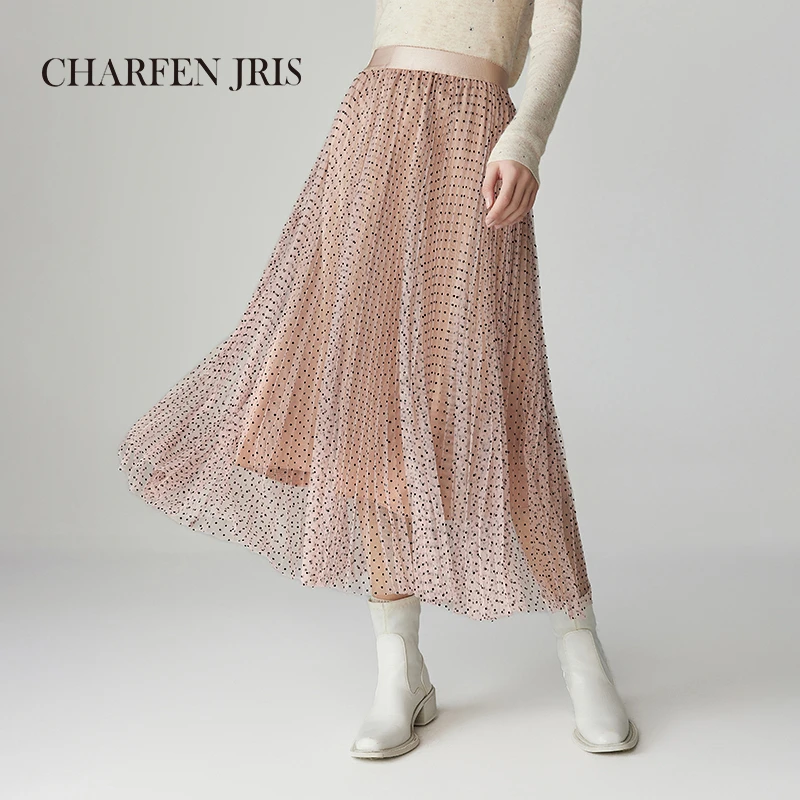 CHARFEN朝峰春季高腰网纱波点压褶半身裙FJF1A611-6060E