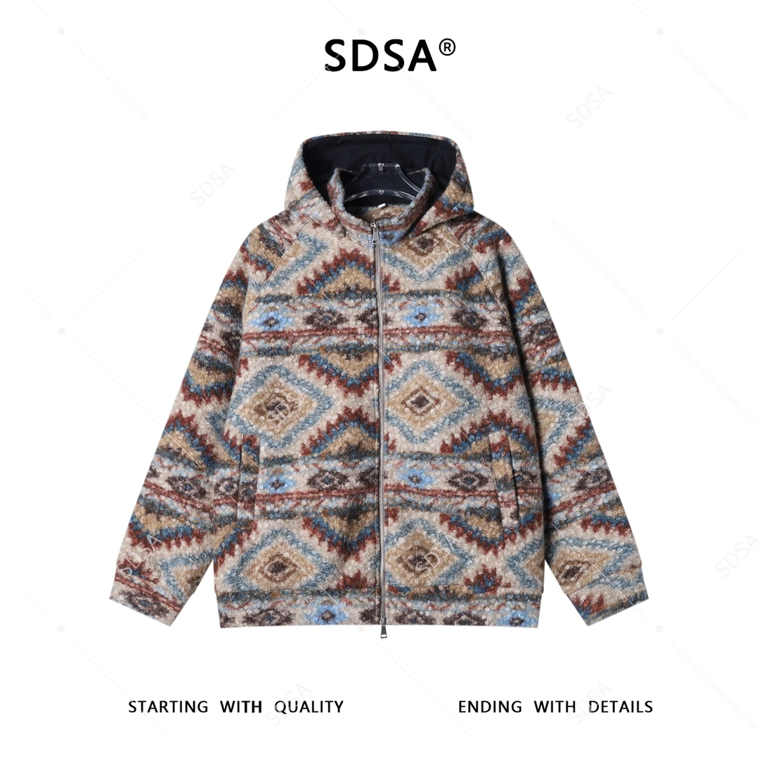 SDSA男士秋冬新款痞帅男装民族风撞色拉链立领连帽卫衣外套百搭