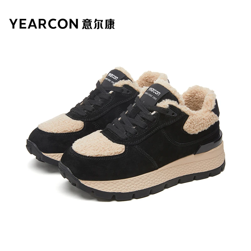 意尔康女鞋运动鞋2025春秋冬季棉鞋复古百搭毛毛鞋厚底高帮老爹鞋
