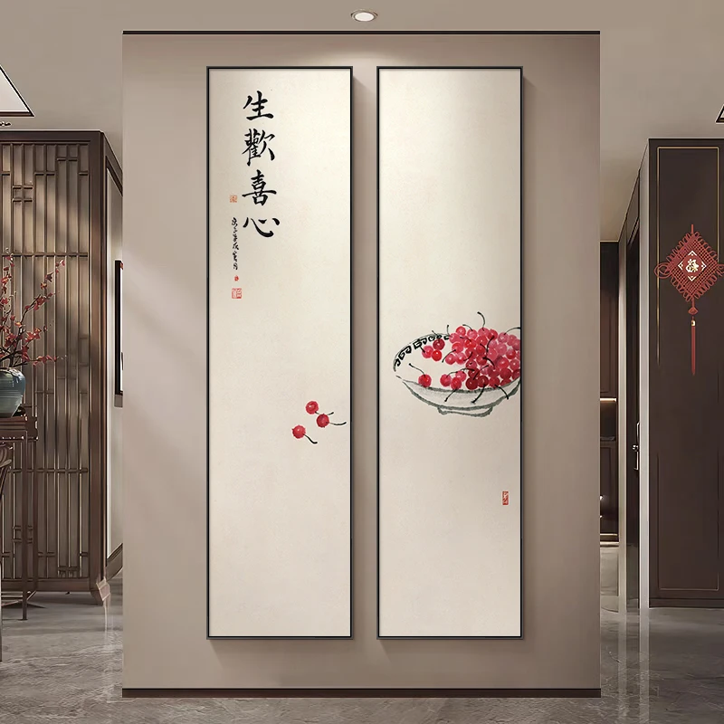 新中式禅意玄关装饰画茶室挂画竖版长条走廊过道壁画双联画水墨画