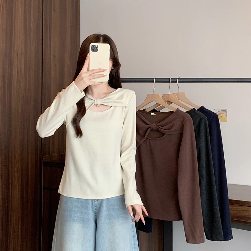 2025秋冬新款胖mm大码女纯欲镂空蝴蝶结显瘦内搭打底长袖上衣T恤