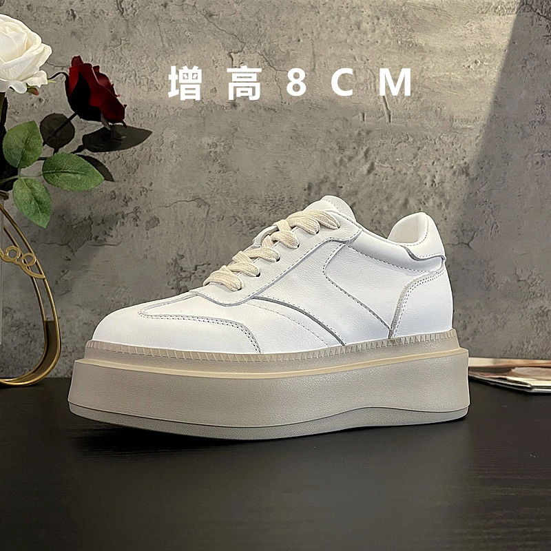TOUCH MISS8cm~内增高厚底德训鞋女2025秋季真皮复古休闲鞋小白鞋