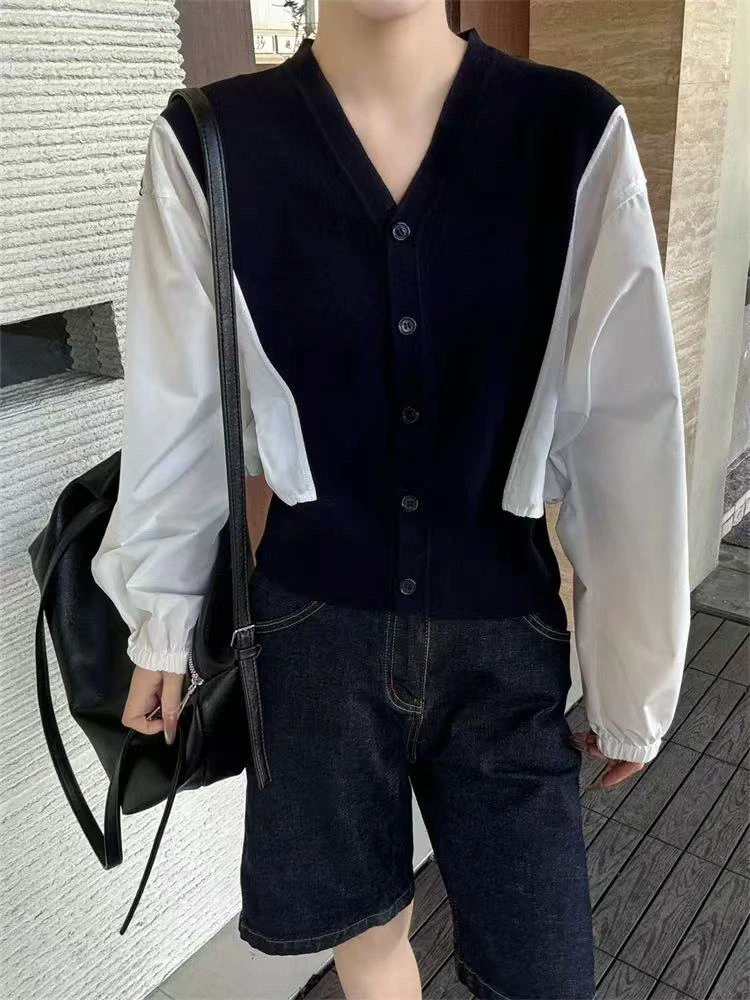 撞色早秋百搭女装毛针织衫宽松型拼接时尚针织衫拼色春季厚款