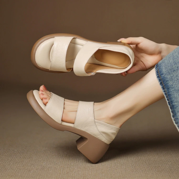 5.5cm 复古百搭舒适厚底凉鞋夏季法式气质简约风时尚粗跟露趾凉鞋