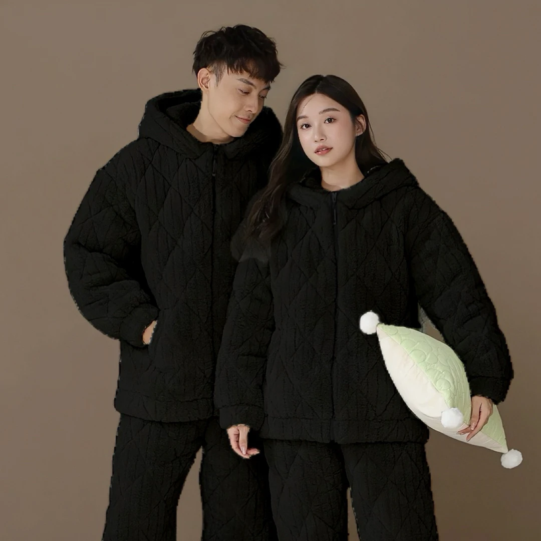 【加厚加厚】三层加厚加绒夹棉情侣珊瑚绒冬季保暖连帽高领棉袄睡衣